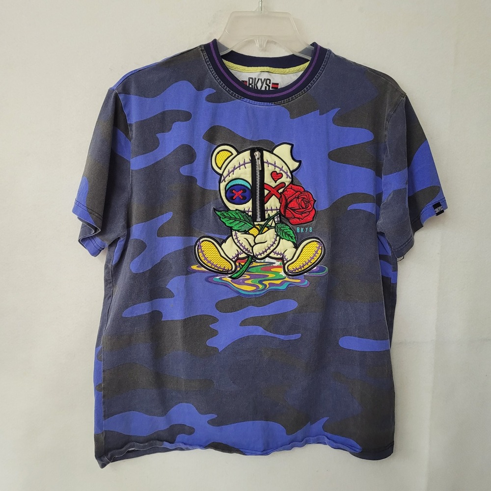 BKYS Camo Teddy Bear Graphic T-Shirt‎ Men's XL Blue Black Short Sleeve Halloween